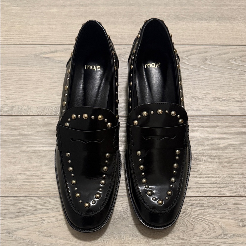 NEW! Maje Leather Black Studded Loafers